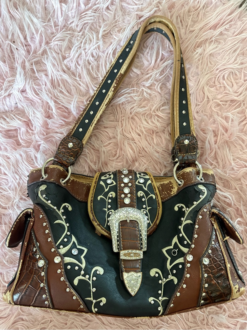 Western-style Black and Brown Embellished Shoulder Bag